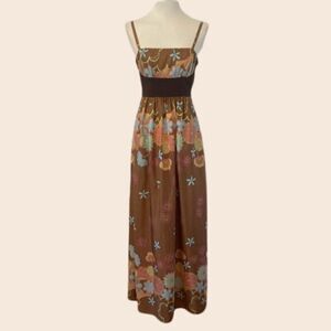 Vintage Y2K Hype Brown & Turquoise Floral Silk Maxi Dress Size 8